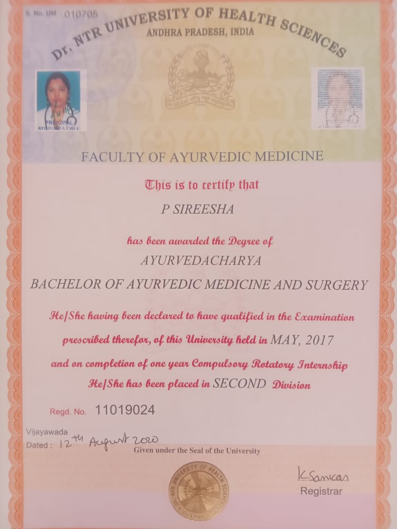 Dr.P.Sireesha Degree Certificate